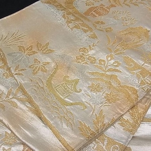 Vintage Fukuro Obi – Gold & Silver Brocade – Ceramics and Autumn Foliage – Japanese Kimono Belt – Silk Obi – Elegant Formal Obi