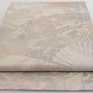 Vintage Japanese Platinum Foil Fukuro Obi – Handwoven Double Foil, Makie Style Fan Motif, Pure Silk, 416cm – Elegant Formal Kimono Belt