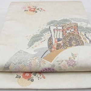 Fukuro Obi Vintage – Gosho Guruma & Floral Design – Platinum Brocade, Japanese Silk, 438cm Kimono Belt