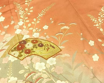 Vintage Houmongi Kimono | Hand-Embroidered Cranes  Floral Gold Accents | Pure Silk | Japanese Formal Wear | Peach & Sage