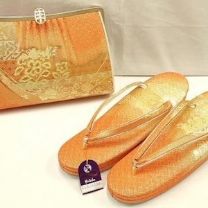 Saga Nishiki Kimono Accessory Set – Zori and Clutch Bag | Silk & Gold Thread | Floral Design | Elegant Japanese Unused Item