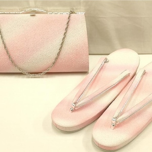 Unused Japanese Zori Sandals & Clutch Set – Pink Silver Ombre, Kimono Accessories