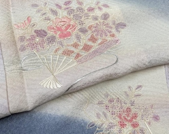 Elegant Light Blue Lavender Hōmongi Kimono - Pure Silk, Full Embroidery, Suzhou Stitch, River and Floral Motif, Unused Japanese Kimono