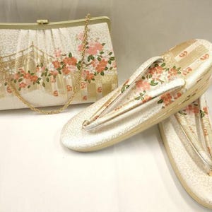 Luxury Japanese Kimono Handbag & Zōri Set – Silk with Gold and Silver Thread – Vintage Deadstock