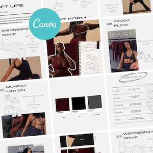 May include: A collage featuring activewear and design elements. The image includes sketches, color swatches, and photos of models wearing sports bras, leggings, and shorts. The color palette includes plum, black, and gray.