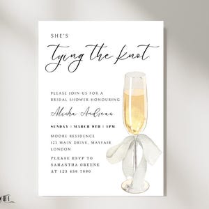 Editable &quot;She&#39;s Tying The Knot&quot; Bridal Shower Invite | Stylish Bow Bridal Brunch | Minimal Champagne Wedding Shower Printable Template