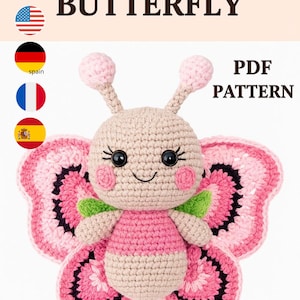 蝶のかぎ針編みパターン、簡単な編みぐるみぬいぐるみの作り方（PDF）