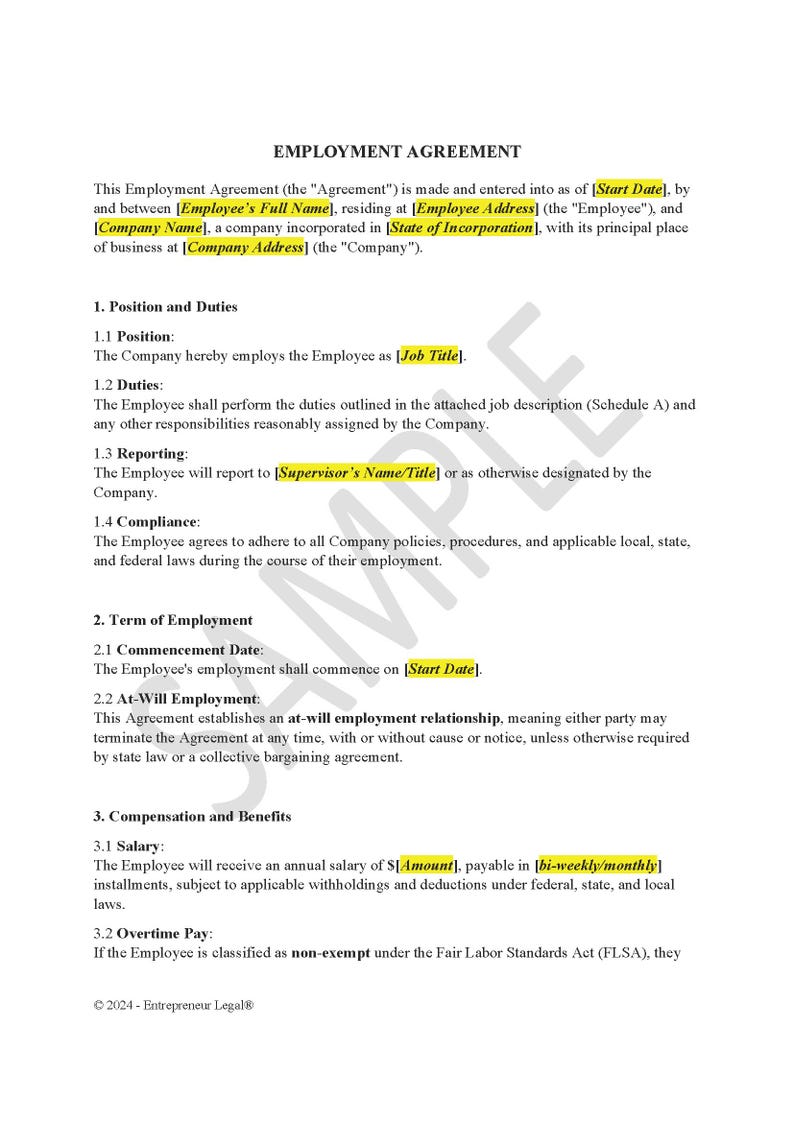 Attorney-drafted Employment Agreement Template | Editable Word & PDF ...