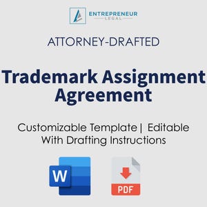 Pode incluir: Um gráfico azul e branco de um documento com a palavra "PDF" em texto branco. O gráfico está sobre um fundo branco com o texto "Trademark Assignment Agreement" em texto preto. O texto "Customizable Template | Editable With Drafting Instructions" também está em texto preto. O texto "ATTORNEY-DRAFTED" está em texto preto. O texto "ENTREPRENEUR LEGAL" está em texto preto. Um gráfico azul e branco de um documento com a letra "W" em texto branco também está sobre o fundo branco.