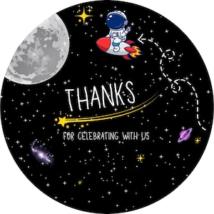 Sticker verjaardagsfeestje ruimtethema | Sticker feest thema astronaut | Sticker feestbedankje| Sticker retourcadeau| Digitale bedanksticker