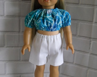 18" Doll White Denim Shorts with Peasant Style MIdriff Top Fits American Girl, Our Generation and MLA Type Dolls Summer Clothes