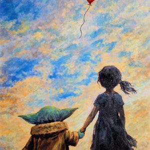 May include: An oil painting depicts a child and a green-skinned character holding hands, gazing at a red heart-shaped balloon floating in a blue and yellow sky. The figures are in the foreground.