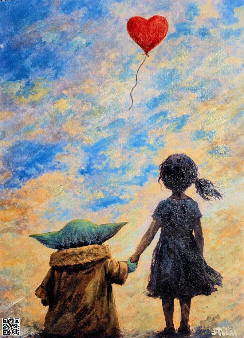 May include: An oil painting depicts a child and a green-skinned character holding hands, gazing at a red heart-shaped balloon floating in a blue and yellow sky. The figures are in the foreground.