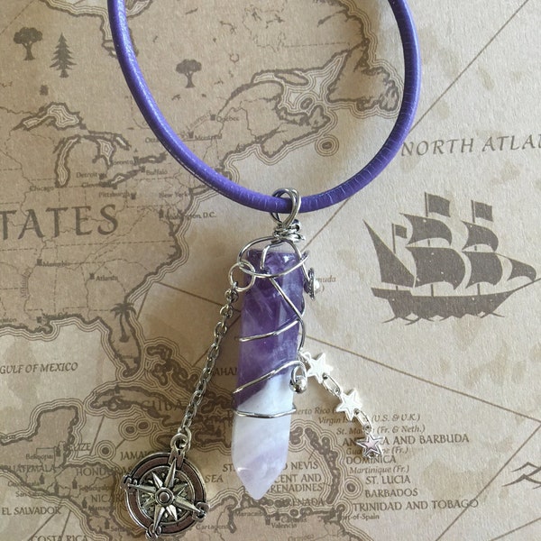 Amethyst Travel Stone Car Charm,  Amulet with compass and star charms for luck and protection for driving, new driver gift, traveler gift