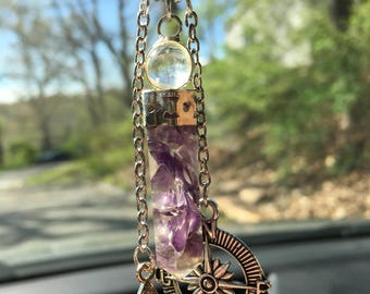 Traveler Stone Amethyst Car Charm with sparkly star for luck-protection driving, car charm, new driver gift, travel lover gift, new car gift