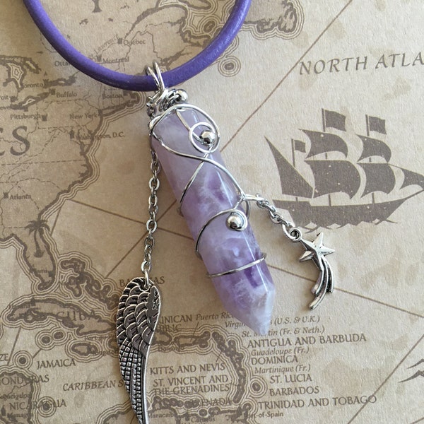 Amethyst Travel Stone Car Charm with angel wing and shooting star charms for luck and protection for driving, new driver gift, traveler gift