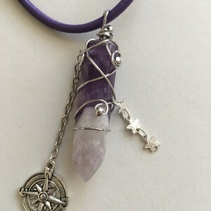 Amethyst Travel Stone Car Charm, Amulet with compass and star charms for luck and protection for driving, new driver gift, traveler gift image 2