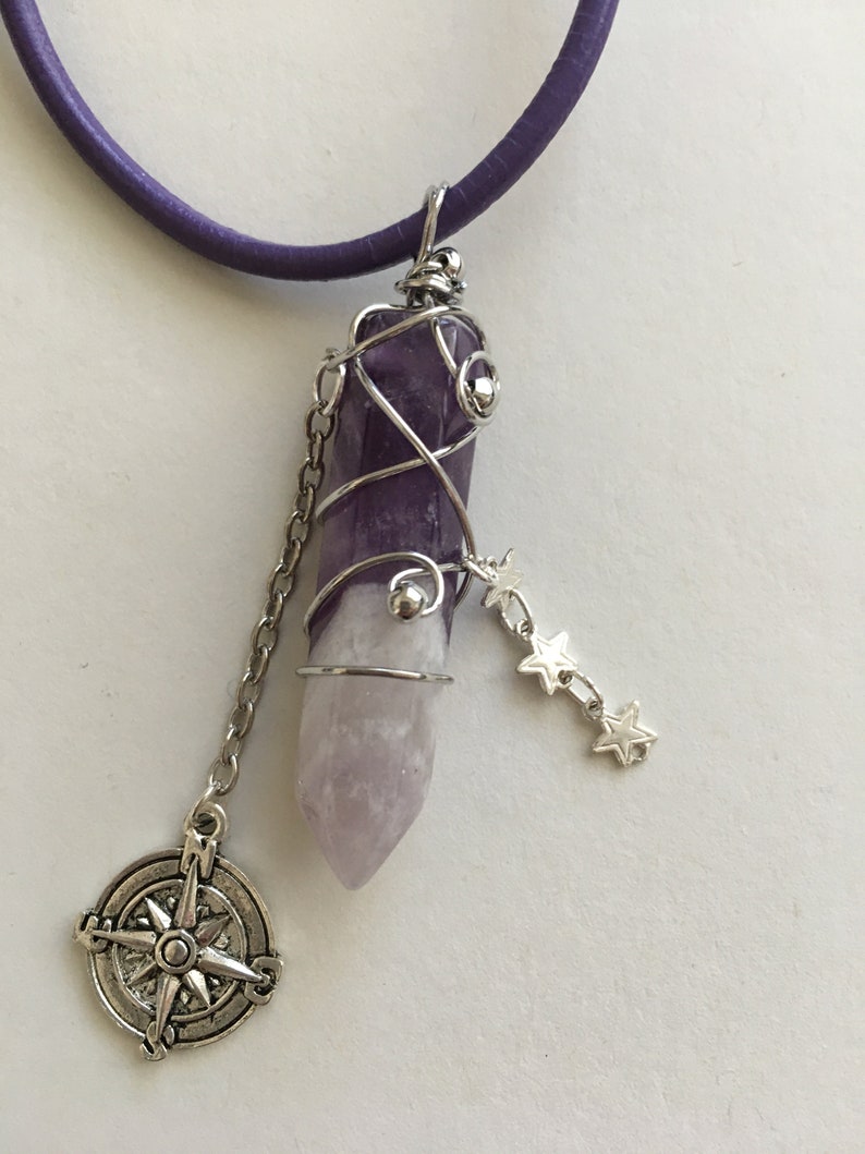 Amethyst Travel Stone Car Charm, Amulet with compass and star charms for luck and protection for driving, new driver gift, traveler gift image 2