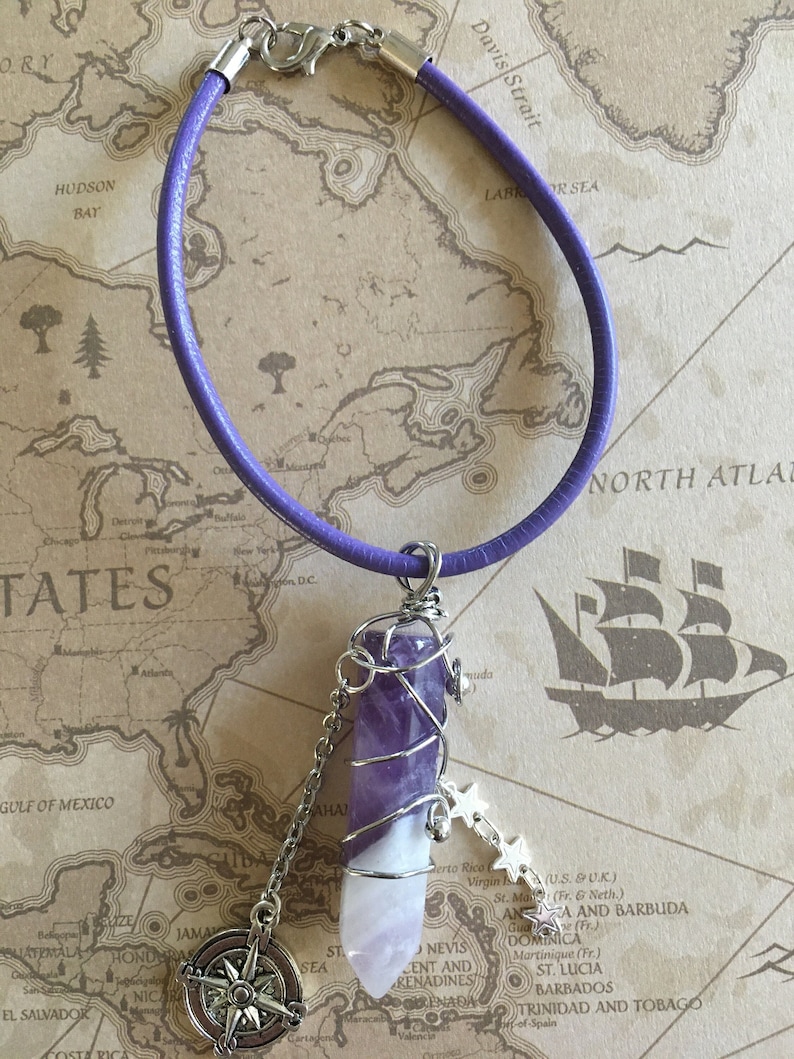 Amethyst Travel Stone Car Charm, Amulet with compass and star charms for luck and protection for driving, new driver gift, traveler gift image 1