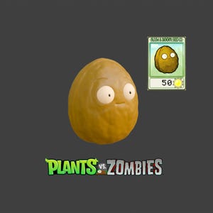 Puede incluir: Un personaje de nuez de dibujos animados, de color marrón claro, con grandes ojos blancos y una pequeña sonrisa. Una tarjeta coleccionable con una ilustración de nuez similar y el texto "BLOOM & DOOM SEED CO" está a la derecha. El logotipo de "Plants vs. Zombies" está en la parte inferior.