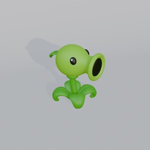 Puede incluir: Un personaje de dibujos animados verde Peashooter del juego Plants vs. Zombies. El Peashooter tiene una cabeza grande y redonda con ojos negros y una boca ancha. Está de pie sobre un tallo verde con hojas verdes.