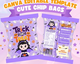 Editable Halloween Favor Bag Printable, Trick or Treat Chip Pouch, Witch Party Kids Bag, Instant Download