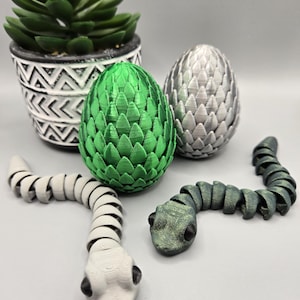 May include: A green and a silver decorative egg with a textured surface, and two articulated snake toys. The green egg is next to a small potted succulent plant. The snakes are white and green.