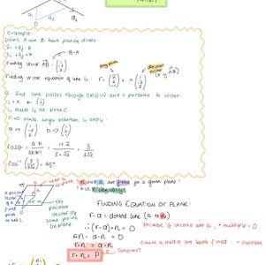 Könnte beinhalten: Handschriftliche Notizen auf weißem Hintergrund, die erklären, wie man den Winkel zwischen zwei Linien mithilfe von Richtungsvektoren findet. Die Notizen beinhalten ein Diagramm von zwei sich schneidenden Linien, die mit a1, a2, d1, d2 und Theta beschriftet sind. Die Formel zur Berechnung des Winkels zwischen zwei Vektoren ist ebenfalls enthalten: Cos Theta = a.b / |a||b|.