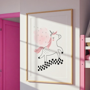 Stampa con unicorno per cameretta, decorazione da parete per bambini, idea per la cameretta a scacchi, stampa artistica per bambina, poster punk per la cameretta dei neonati