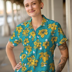 Button Up Shirt With Yellow Flowers, Button Up Shirt, Floral Button Up Shirt, Floral Print Shirt