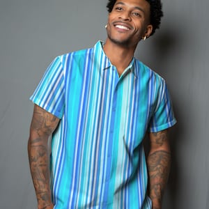 Blue Striped Button Up Shirt, Men&#39;s Striped Button Up Shirt