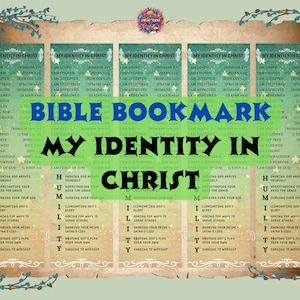 May include: Bible bookmark with the text "My Identity in Christ" in black and green. The bookmark has a scroll design with decorative floral elements. The text includes affirmations and Bible verses.