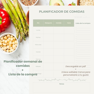 Könnte beinhalten: Ein Wochenessensplaner mit dem Text "Planificador de Comidas" und "Lista de la compra". Der Planer hat Abschnitte für jeden Wochentag, Frühstück, Mittagessen, Abendessen und eine Einkaufsliste. Das Bild enthält auch frisches Gemüse.