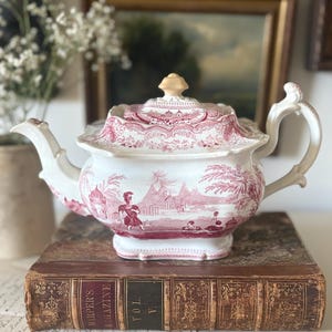 Antique 1800s Pink Transferware Teapot | Thomas Mayer “31” Pattern | Staffordshire England Pottery