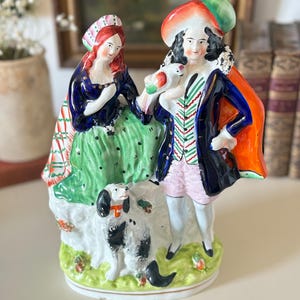 Antique 1800s Staffordshire Flatback Figurine | Couple Hunter with Dog and Parrot | Mantel Decor