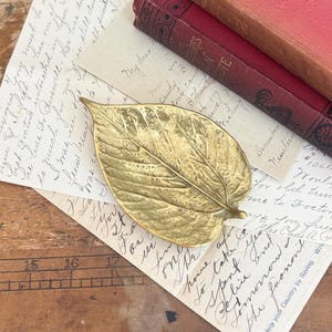 May include: A brass leaf-shaped dish rests on vintage handwritten letters, with two antique red books in the background. The dish has detailed veining, and the letters are faded. The scene evokes a sense of history and nostalgia.
