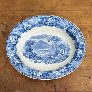 Antique Wedgwood Etruria “Landscape” Serving Bowl | Early 20th Century | Blue and White Transferware Dish | English Pastoral Floral Pattern
