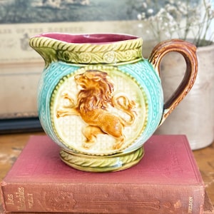 Antique 1800s French Frie Onnaing Majolica Lion Pitcher | Small Faience Victorian Jug | Decorative Animal Ceramics