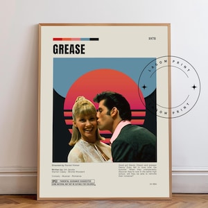 Grease Poster, Retro Movie Print, 70s Musical Art, John Travolta Olivia Newton-John, Vintage Film Decor, Printable Wall Art