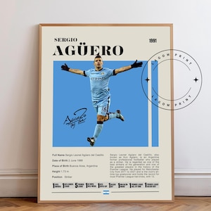 Sergio Aguero Poster Art Print, Aguero Man City Soccer Wall Decor, Football Star Artwork, Soccer Fan Gift, Sports Wall Art, Home Decor