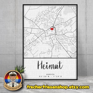 Heimat Koordinaten Bild - Stadt Aurich Karte - Einzugsgeschenk Wohnung Haus - Ostfriesland Karten - Poster A3 - personalisierbar