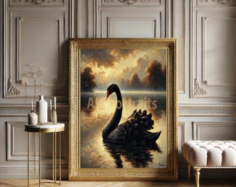 Vintage Black Swan Art Print, Gothic Bird Wall Decor, Victorian Aesthetic, Dark Romantic Home Art, Moody Antique Artwork, Unique Gift Idea
