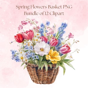 春の花のクリップアート バンドル、春の png デザイン、春の花、春が来る、水彩画の花のクリップアート、バスケットの花 png