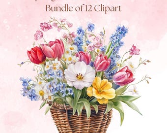 Frühlings Blumen Clipart Bundle, Frühling Png-Designs, Frühlingsblumen, der Frühling kommt, Aquarell Blumen Clipart, Blumen im Korb png