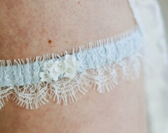 Lace wedding garter, blue silk and French lace garter, forget me knot bridal garter