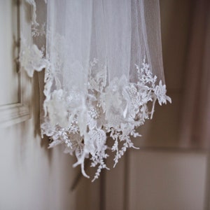 Long lace wedding veil with ethereal, hand pieced floral lace edging. Chapel length veil, cathedral length veil Pale ivory floral veil