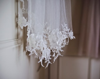 Long lace wedding veil with ethereal, hand pieced floral lace edging. Chapel length veil, cathedral length veil Pale ivory floral veil