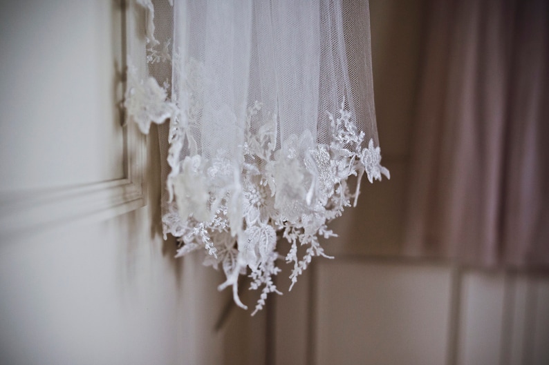 Long lace wedding veil with ethereal, hand pieced floral lace edging. Chapel length veil, cathedral length veil Pale ivory floral veil image 1