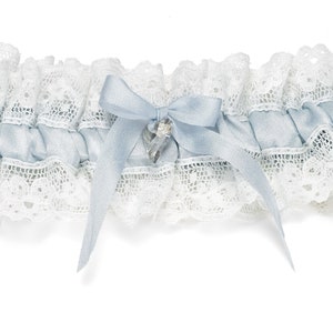 Something blue, silk and lace wedding garter. Swarovski heart