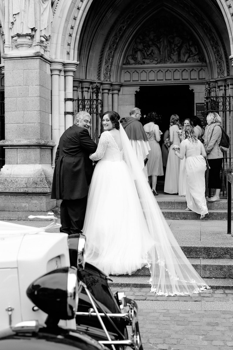 Long lace wedding veil with ethereal, hand pieced floral lace edging. Chapel length veil, cathedral length veil Pale ivory floral veil image 6